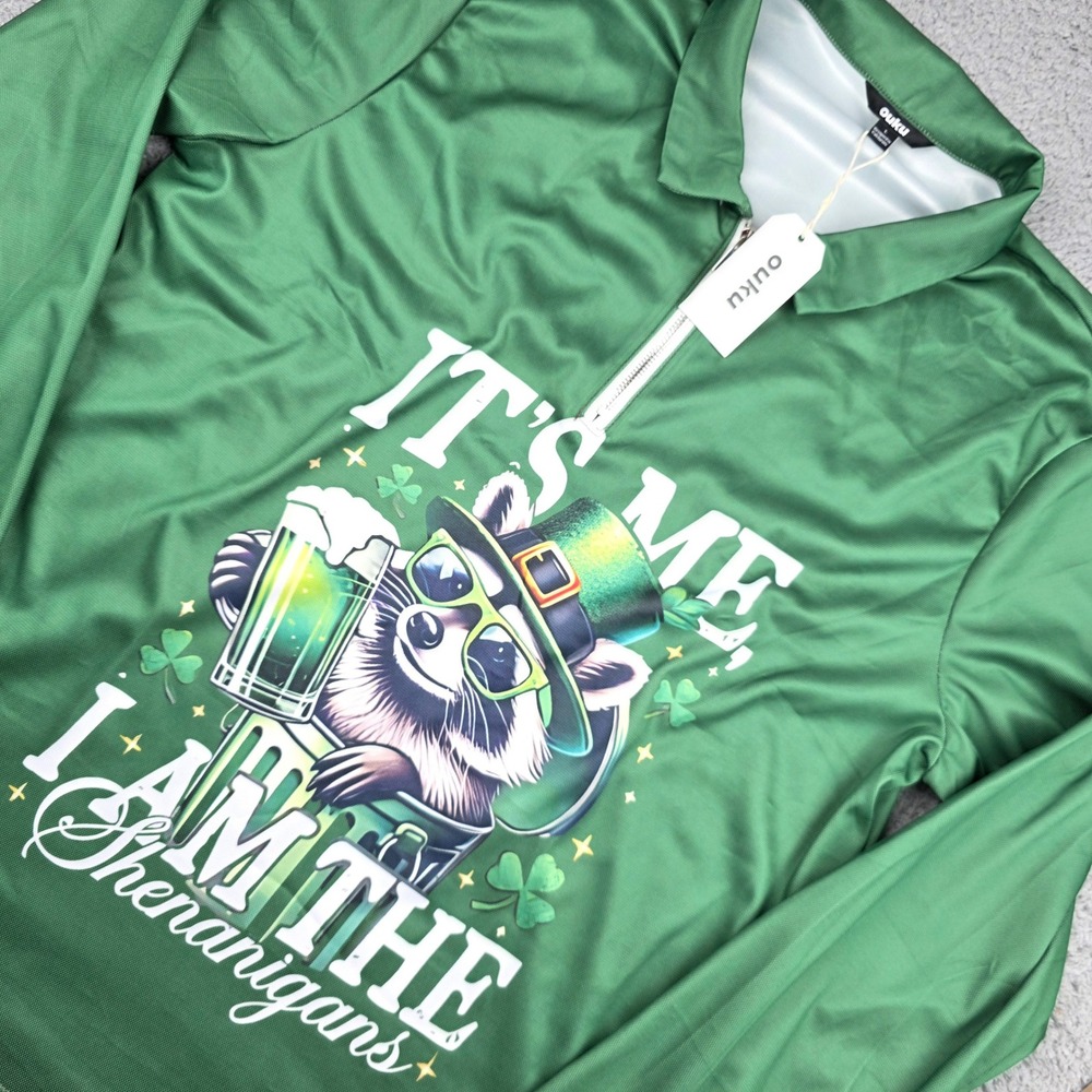 Ouku Quarter‎ Zip Pullover Mens Large Green St Patricks Day Raccoon Shenanigans